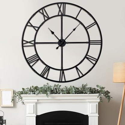 48 Inch Large Silent Wall Clock, Easy Assembly Roman Numeral Black - color: Black Metal Wall Clock, size: 48inch