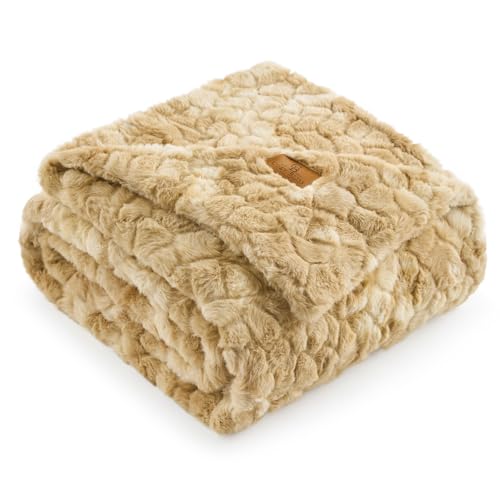 Cozy Bliss Faux Fur Throw Blanket for Couch, Fuzzy Soft Plush Thick Warm Fluffy Reversible Wave Textured Blanket for Sofa Bedroom Living Room, 55 * 70 Inches Tie-dye Khaki - color: Tie-dye Khaki, size: Throw(55" x 70")