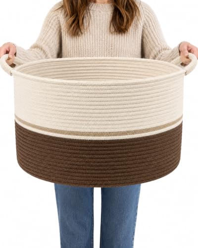 Large Woven Cotton Rope Storage Basket, 65L Blanket Basket with Handles, Decorative Round Basket for Living Room Bedroom Nursery, Laundry Basket for Clothes Toys Towels, Brown & Cream