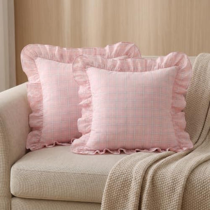 Mywinlle Blush Pink Plaid Ruffle Throw Pillow Shams 18"x18" Set of 2 - color: Blush Pink Plaid, size: 18" x 18" (Pack of 2)