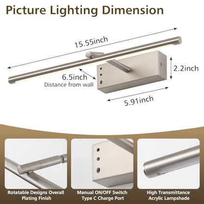 Picture Light, Wireless Picture Lights for Wall, 3CCT Dimmable - color: Nickel
