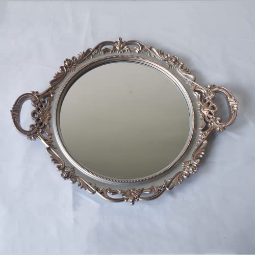 Yash YANIZU Decorative Mirror Tray, Round with Handles, Organizer for Perfume, Makeup, Jewelry, Vintage Display and Serving Tray for Dresser, Counter and Coffee Table, 15.8' x 13', Golden Silver - color: Golden,silver