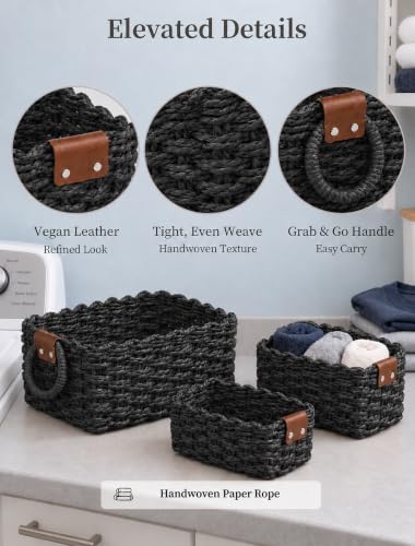Small Wicker Baskets, 3 PCS Paper Rope Baskets for Shelves, Black - color: Black