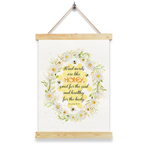 Bee Decorations Wall Art, Kind Words Are Like Honey Canvas Sign, Bible Verse Scripture Decorations, Living Room Office Nursery Spiritual Decor, Healing Quote Wall Hanging, Christian Gift for Women - color: yellow