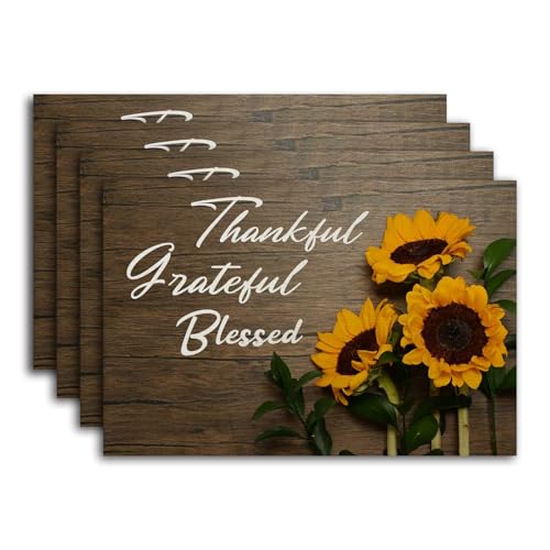 Sunflower Placemats Set of 4 Thankful Grateful Blessed Religious Sunflower Placemats Resistant Place Mats Kitchen Decor Dining Decoration for Party, Sunflower Kitchen Decor - style: Sunflower 1
