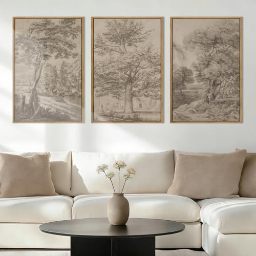 Anyzal Large Vintage Tree Sketchbook Wall Art 16x24 Inch Framed Neutral Forest Landscape Minimalist Woodsy Artwork for Living Room Bedroom Office Set of 3 - color: Tree Sketch, size: 24"L x 16"W