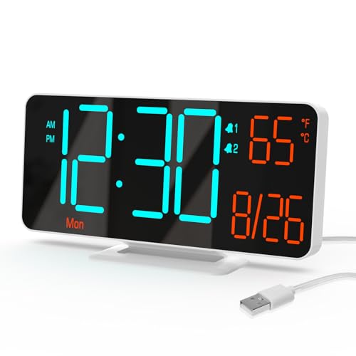 KOSUMOSU Desk Clock, 6.7in Small Digital Clock for Bedroom, Auto Dimming, Room Temperature, Day of The Week, Seconds, Date, LED Clocks for Living Room, Alarm Clocks for Bedrooms - color: White (Blue + Orange Digits)