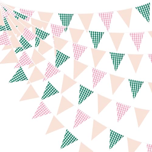 32Ft Pink Green Gingham Camp Bride Banner Green Pink Plaid Checkered Fabric Triangle Flag Pennant Garland Streamers for Camping Bachelorette Glamping Bridal Shower Wedding Birthday Party Decorations - color: Pink and Green