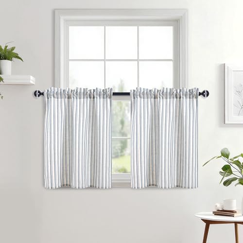 JIUZHEN Striped Linen Kitchen Curtains 2 Panels - Short Tier Drapes with Rod Pocket, Farmhouse Cafe Curtains for Small Windows 36 Inch Length, Vertical Striped Blue - color: Vertical Striped Blue, size: 26"W x 36"L (Pack of 2)