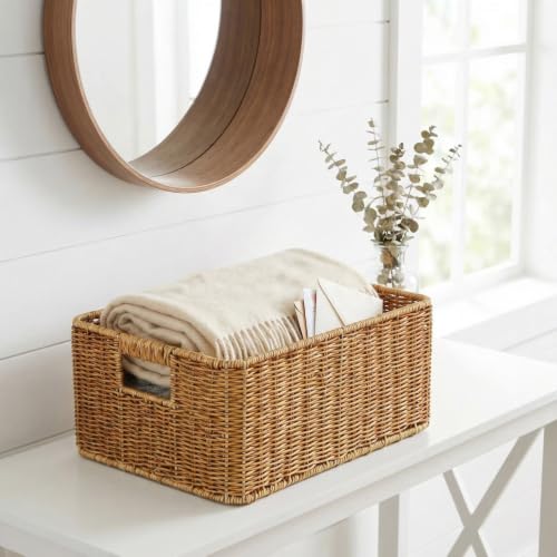 Hemobllo Imitation Woven Rattan Basket Desktop Storage Bin with Handles Large Capacity Shelf Organizer for Organizing Toys Pantry Sundries 13.38''