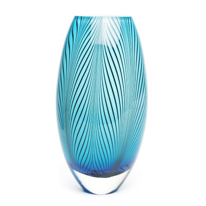 Murano Style Glass Vase Hand Blown Blue Feather Pattern Effect Home Decor - color: Blue