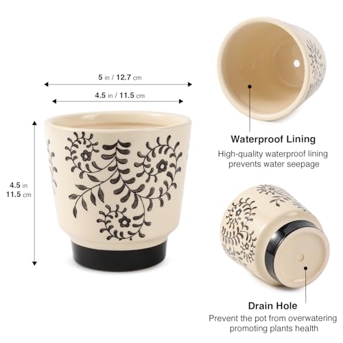 STHIE Indoor Ceramic Plant Pots with Drainage Holes, 5 Inch, Leaf Design - color: Beige-rattan
