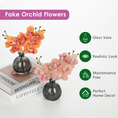 Oairse Pink Rose Orchid Artificial Flower Faux Orchid Arrangement with Vase - color: Pink Rose/Black Vase