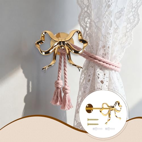 2 Pack Gold Bow Curtain Holdbacks, Solid Metal Wall Mounted Curtain Tiebacks Decorative Drapery Hooks for Living Room Bedroom Office Home