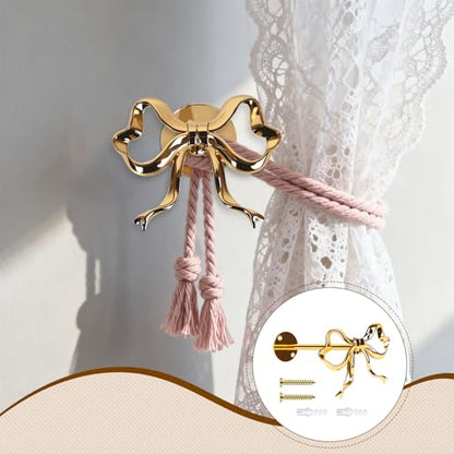 2 Pack Gold Bow Curtain Holdbacks, Solid Metal Wall Mounted Curtain Tiebacks Decorative Drapery Hooks for Living Room Bedroom Office Home
