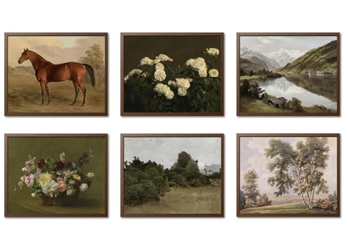 Mynotix Vintage Poster Set of 6, Rustic Eclectic Wall Art, Horse Floral Wall Decor Botanical Mountain Range Canvas Paintings Prints Artwork for Living Room Bedroom Farmhouse 8x10 inch Unframed - color: Horse, size: 10"L x 8"W