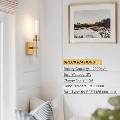 Gold Battery Operated Wall Sconce Set of 2, Wireless Wall Sconces with Remote Control, Rechargeable LED Dimmable Wall Light for Bedroom Bathroom Hallway Living room Entryway Stairwell, 3000K - color: Gold & Clear Glass, size: Battery 16 Inch
