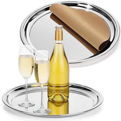 Lemonroad 2 Set Round Silver Mirror Serving Tray 14.17 Inches - size: 14.17 Inches