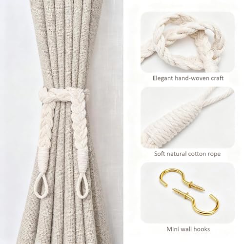 Home Queen Hand Braided Curtain Tie Back, Buckle Holdback Drapery Curtain Tiebacks, 2 Rope Cotton Belt Curtain Tie with 2 Metal Hooks, Off White - color: Off White, size: 2PC