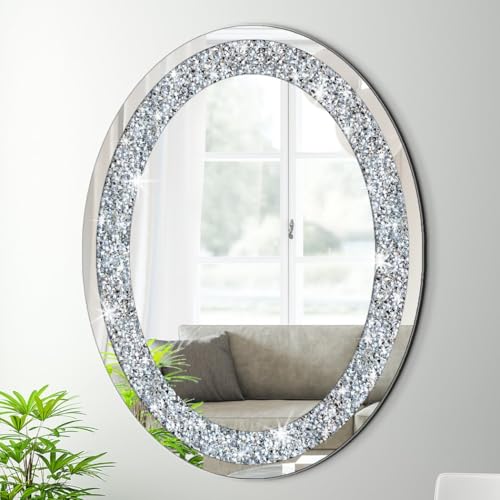 DMDFIRST Crystal Crushed Diamond Oval Shaped Silver Mirror Glam Bling for Wall Decoration 24x32x0.9inch Frameless Wall Hang Sparkly Glass Mirror Stunning Stylish Fashion Home Decor Decorative Mirror - size: 32"L x 24"W