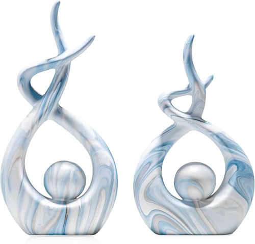 Blue Marble Abstract Ceramic Statues Set of 2 for Table Top Decor - color: Blue Marble Set 11475 L&xl