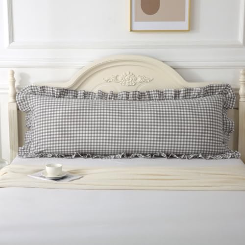 Silnuo Grey/White Plaid Ruffled Body Pillow Sham 1 Piece Washed Cotton Shabby Checkered Gingham Pillow Cover 20"x54" - color: Grey/White Plaid, size: Body Pillow (20" x 54") - 1 Piece