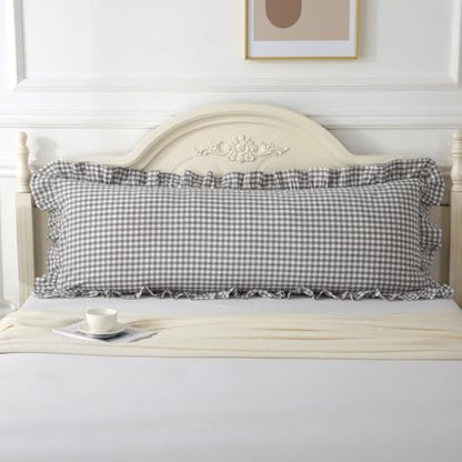 Silnuo Grey/White Plaid Ruffled Body Pillow Sham 1 Piece Washed Cotton Shabby Checkered Gingham Pillow Cover 20"x54" - color: Grey/White Plaid, size: Body Pillow (20" x 54") - 1 Piece