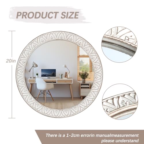 20" Round Rustic Mirror Wooden Frame Circle Mirrors, Distressed Wall Mounted Mirror for Bathroom, Bedroom, Living Room, Entryway, Fireplace, Hall - color: Flower White, size: 20"L x 20"W