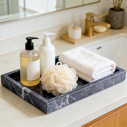 Marble Bathroom Tray for Countertop, Natural Decorative Marble Tray for Kitchen, Vanity, Home Decor, Dresser Organizer, Plate Holder for Perfume, Candle and Jewelry, 12"x 8"x 1.2", Gray Black