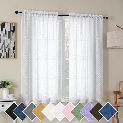 Simplebrand Semi Sheer White Curtains 54 Inch Length 2 Panels, Geometric Jacquard Clip Textured Short Sheer Curtains for Bedroom，Modern Elegant Window Curtains Panels/Drapes/Treatment Sheer，42x54 inch - color: White, size: 42"W x 54"L (Pack of 2)
