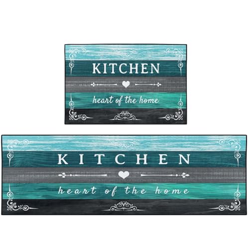Kitchen Rugs Set of 2 Non Slip WashableTurquoise Farmhouse Rustic - color: Rustic Teal Grey