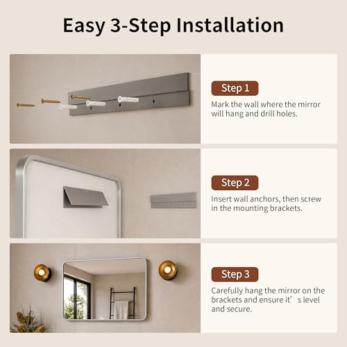 DeerValley Bathroom Mirror with Black Frame, Rounded Rectangle - color: Silver, size: 36"L x 24"W