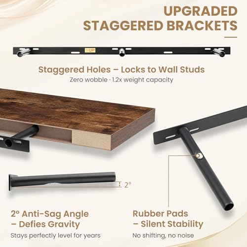 55 Inch Long Floating Shelves for Wall Set of 1, 12"D Wood Grain Shelves - color: Rustic Brown, size: 55"Wx12"Dx2"H, 1P