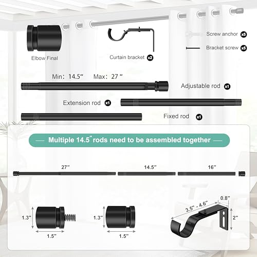 Ottsuls Black Curtain Rod, Adjustable 32-46 in, Extends to 58 in - size: 32" to 46"