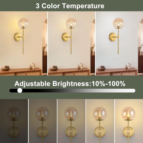 Globe Battery Operated Sconce Set of 2 with Clear Glass Lampshade - color: Gold-Amber