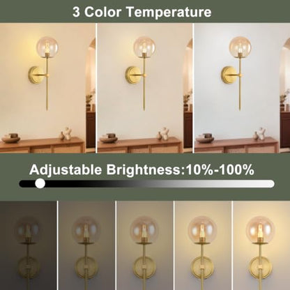 Globe Battery Operated Sconce Set of 2 with Clear Glass Lampshade - color: Gold-Amber