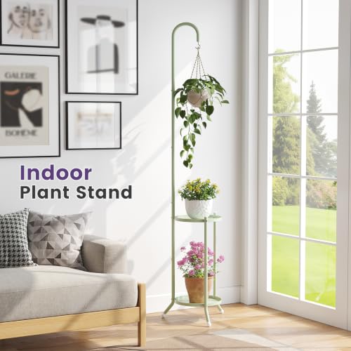 2-Tier Metal Plant Stand with Hanging Hook,Green - color: Green