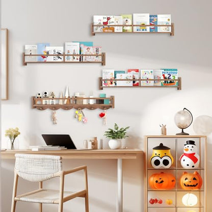 34Inch Nursery Book Shelves Wall Mounted, Floating Book Shelf for Kids Coat Rack with 6 Hooks, Wall Hanging Shelf for Baby Nursery Room Organizer ，Patent Number:US-D1058229-S(4, Light Brown) - color: Light Brown