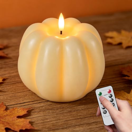 Wondise Fall Decorations Real Wax Pumpkin Candles with Remote Timer - color: 5-White
