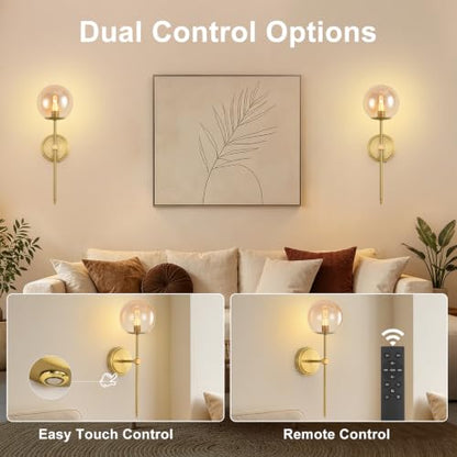 Globe Battery Operated Sconce Set of 2 with Clear Glass Lampshade - color: Gold-Amber