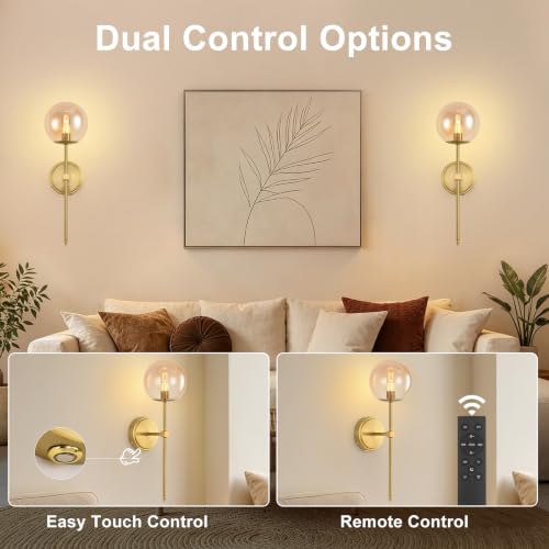 Globe Battery Operated Sconce Set of 2 with Clear Glass Lampshade - color: Gold-Amber