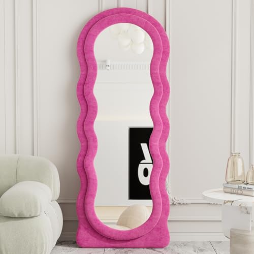 Full Length Mirror, 63"x24" Wavy Floor Mirror, Arched Standing Mirrors Full Length, Cloud Shaped Flannel Wall Mirror, Dressing Body Mirrors Hanging or Leaning Against Wall for Bedroom (Pink) - color: Wavy - Pink