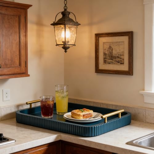 Rectangle Modern Wood Serving Tray with Metal Handles, High Gloss Teal Finish, 16x12 Inch Coffee Table Ottoman Tray for Storage and Display (Teal) - color: Teal