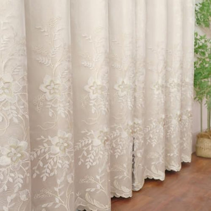 Amidoudou 1 Pair European Double Layer Curtains for Living Room Bedroom Luxury Flower Embroidered Curtains with Valance (Beige,52x84 Inch) - color: Beige, size: 52"W x 84"L (Pack of 2)