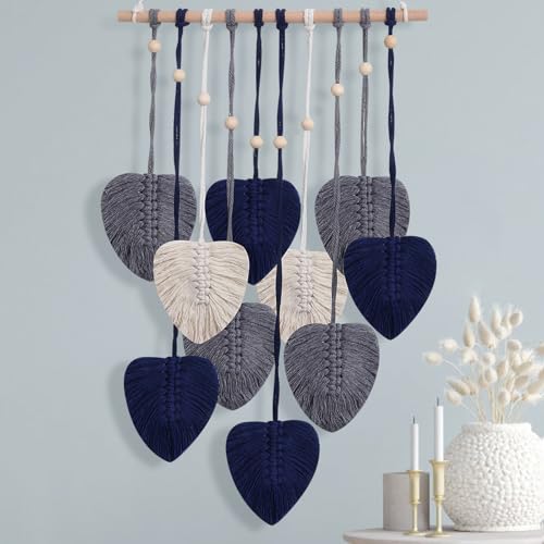 Macrame Wall Hanging Decor Leaves Tapestry, Boho Wall Decor Woven Feather Handmade Yarn Tassels Macrame Wooden Hanging Decorations for Office,Living, Bedroom, Nursery,Apartment Room,16x26 Inch(Blue) - color: Blue