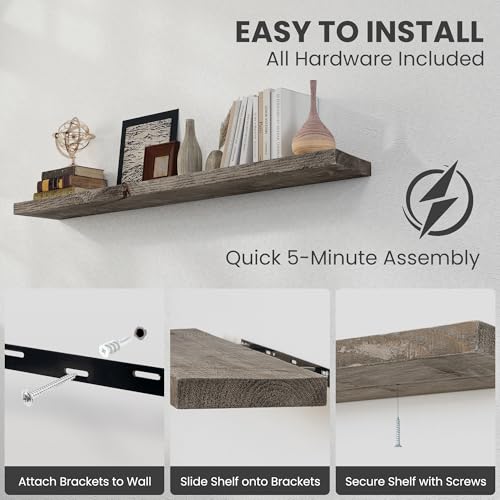 FLYJOE Solid Wood Floating Shelves, 8" Deep Rustic Reclaimed Barnwood Wall Hanging Floating Shelf with Invisible Heavy-Duty Metal Bracket | Wall Mounted | Farmhouse Style | 55 inches,1PC,Grey - color: Distressed Grey, size: 55inches-1P