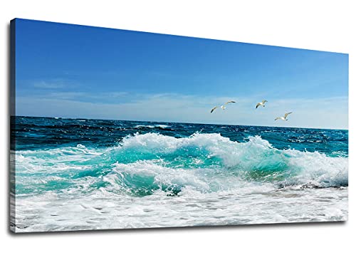 tigeridge Sea Beach Canvas Wall Art for Living Room Wall Decor Ocean Waves Canvas Pictures Blue Surfing Water Seagull Canvas Prints Artwork Office Home Wall Decorations Framed Ready to Hang 29" x 58" - color: Blue Ocean and Seagualls, size: 58"L x 29"W