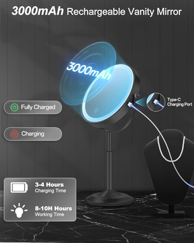 8" Lighted Makeup Mirror with Light,30X Magnifying Height Adjustable Mirror - color: Black