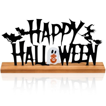 Metal Happy Halloween Sign Halloween Table Decorations with Wooden Base - color: Black