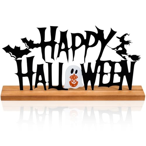 Metal Happy Halloween Sign Halloween Table Decorations with Wooden Base - color: Black